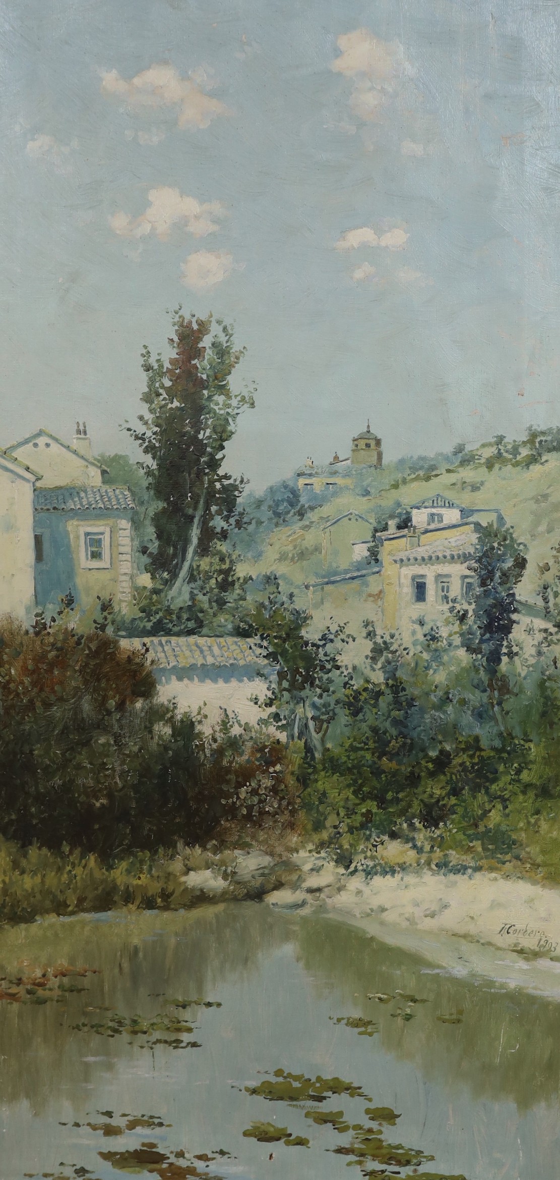 José Franco Cordero (1851-1910), oil on canvas, Spanish hillside houses, signed and dated 1903, 79 x 39cm